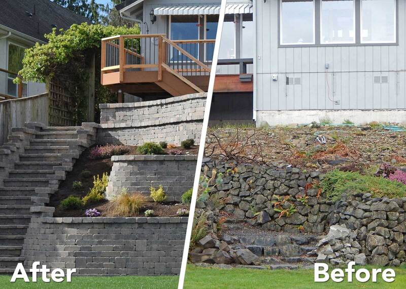 Before and After: Close-up of Retaining Wall and Stairway
