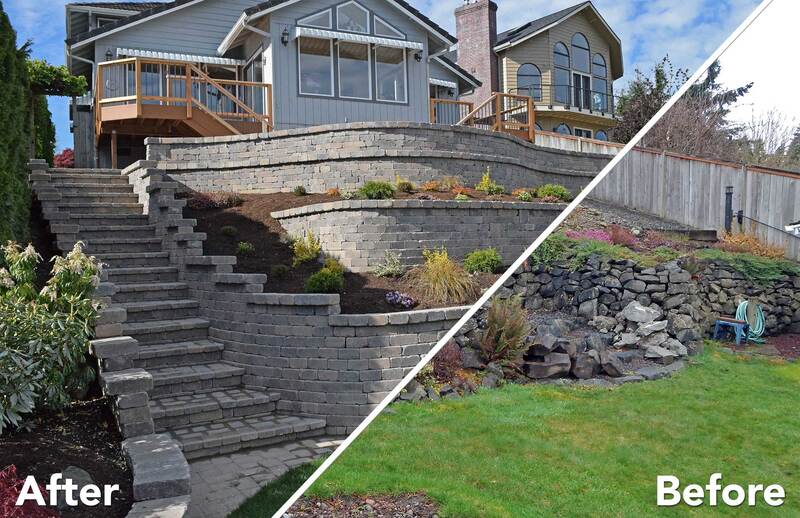 Before and After: Side View of Retaining Wall, Stairway