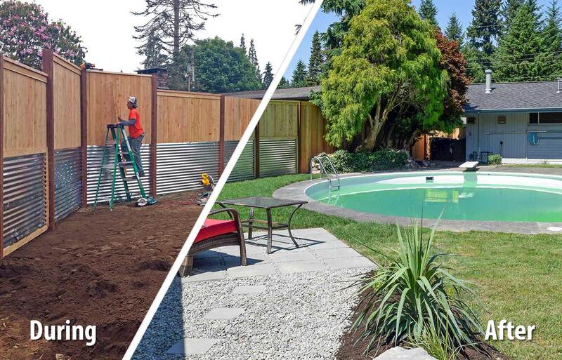 backyard transformation with new landscaping, retaining wall