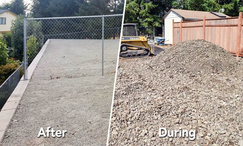 During and after construction of the retaining wall and regraded, raised parking area.