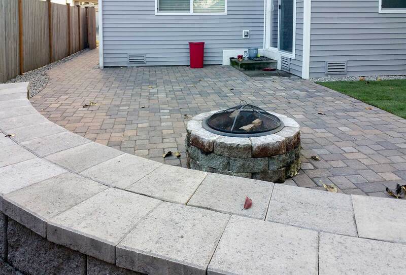 paver patio, fire pit and sitting wall